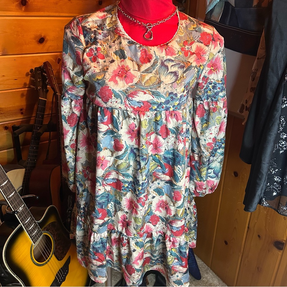 Zara Trafaluc Dress Womens XS Boho Floral Print Neck Knee Length Multicolor